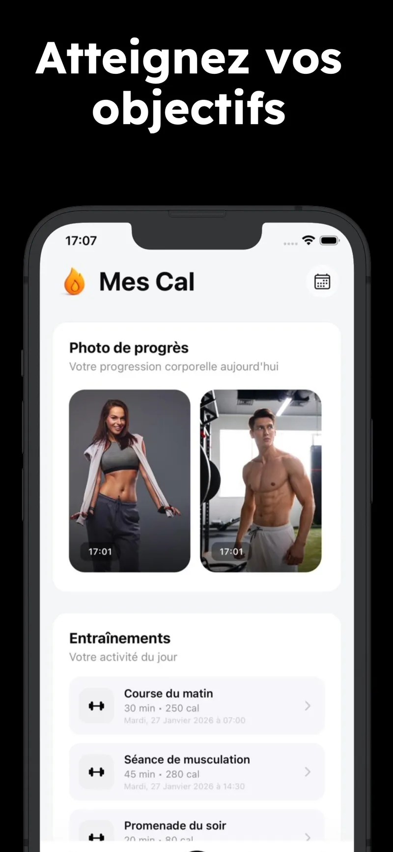 Mes Cal photos de progrès et suivi entraînements - application fitness Québec