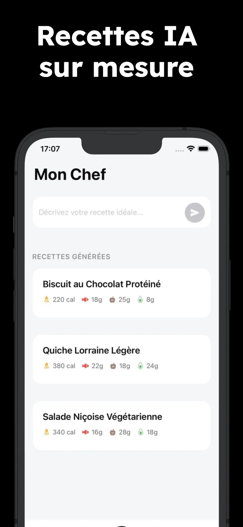 Chef IA Mes Cal - recettes personnalisées avec macros calculées